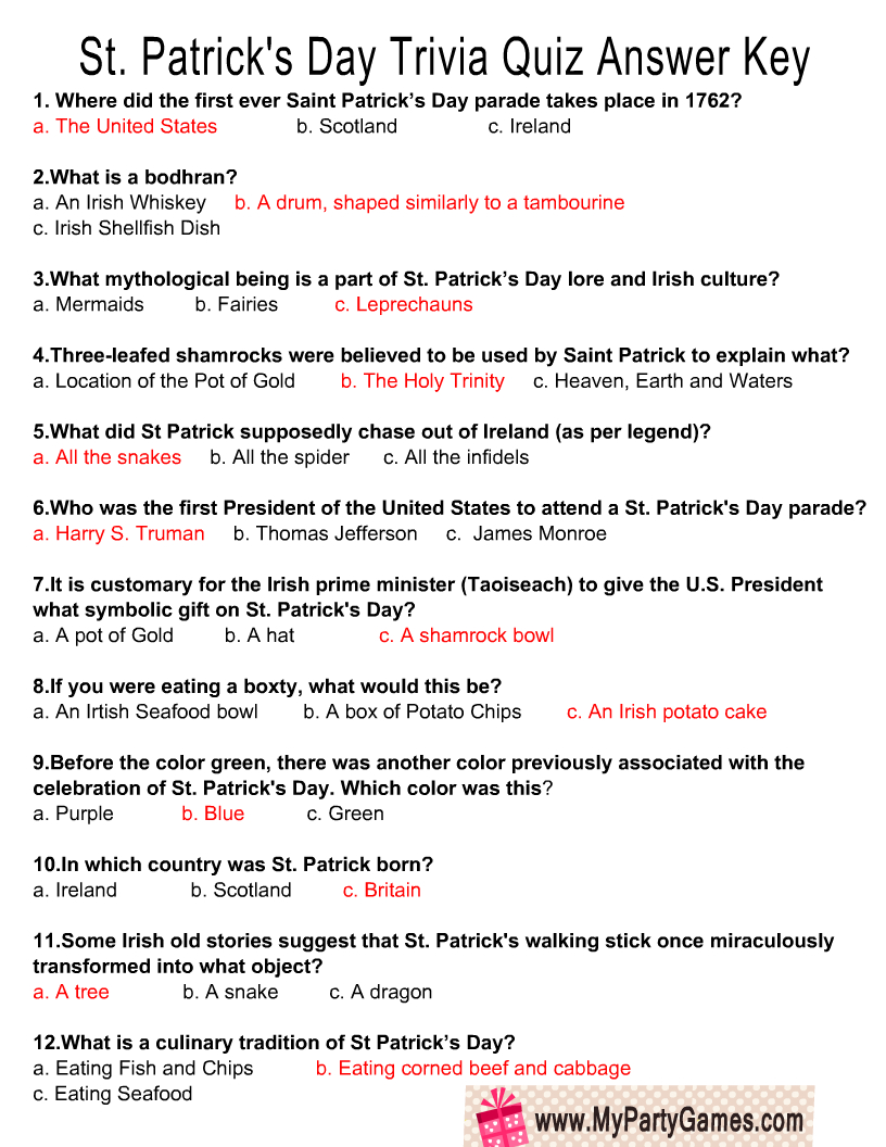 Free Printable St. Patrick'S Day Trivia Quiz for St Patrick'S Day Trivia Printable