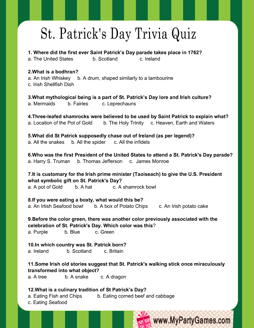 Free Printable St. Patrick'S Day Trivia Quiz in St Patrick's Day Trivia Printable