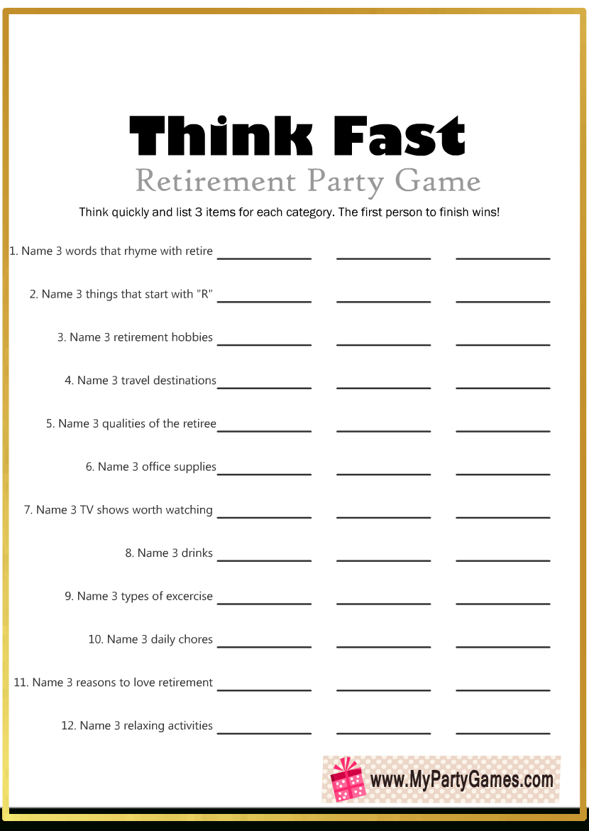 Free Printable Think Fast Game For Retirement Party throughout Printable Games For Adults Free