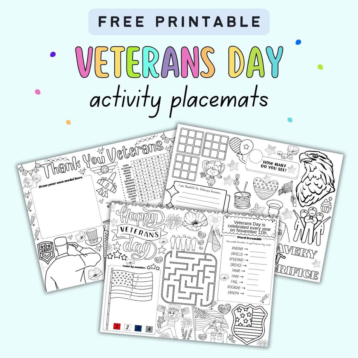 Free Printable Veterans Day Activity Placemats - The Artisan Life within Free Printable Veterans Day Worksheets