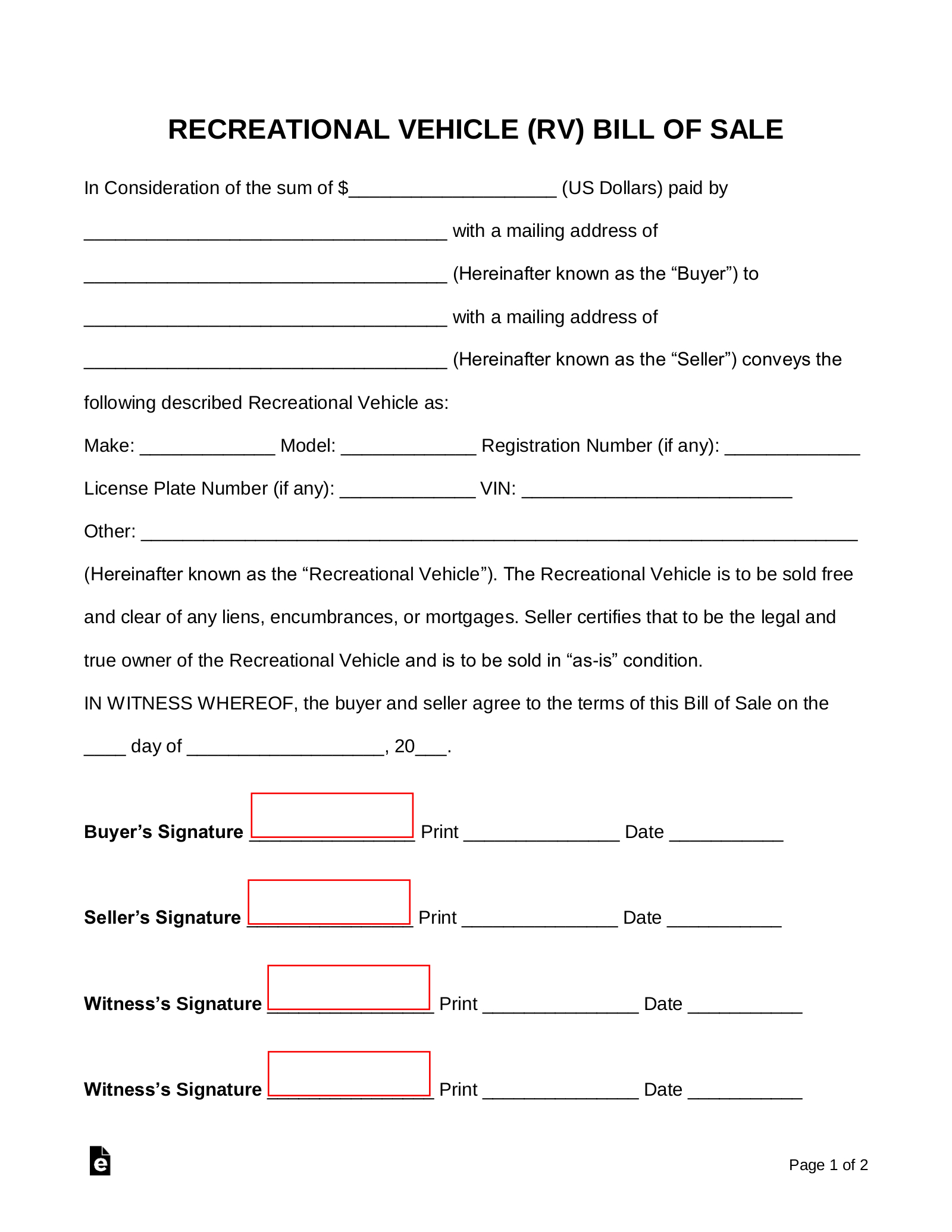Free Recreational Vehicle (Rv) Bill Of Sale Form - Pdf | Word – Eforms with Free Printable Bill of Sale For Camper