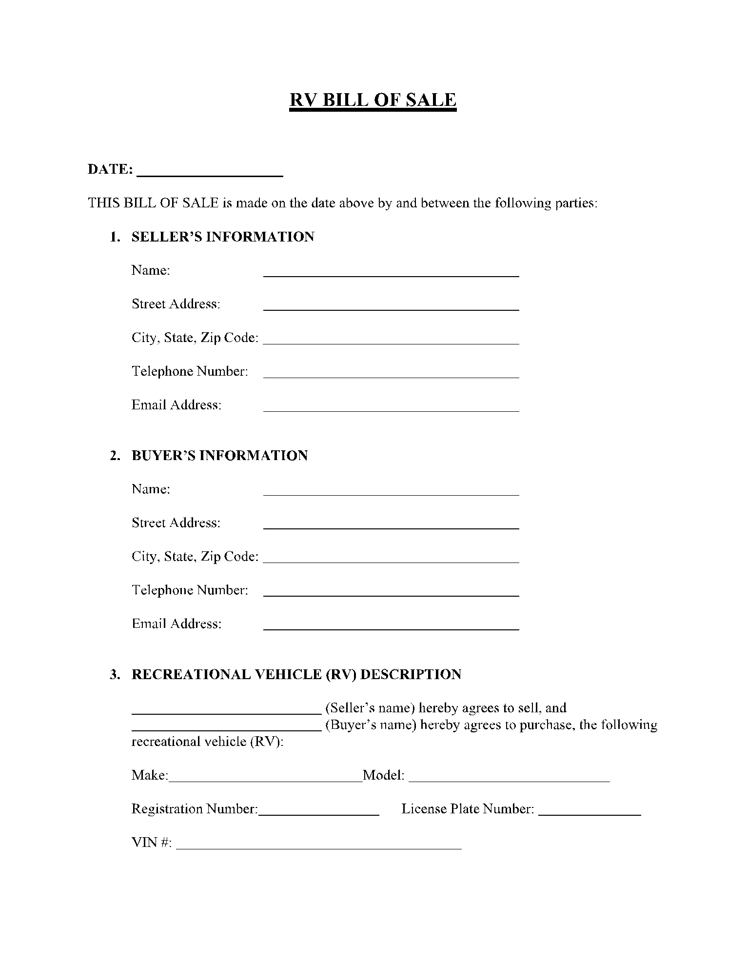 Free Recreational Vehicle (Rv) Bill Of Sale Template | Cocosign regarding Free Printable Bill Of Sale For Camper