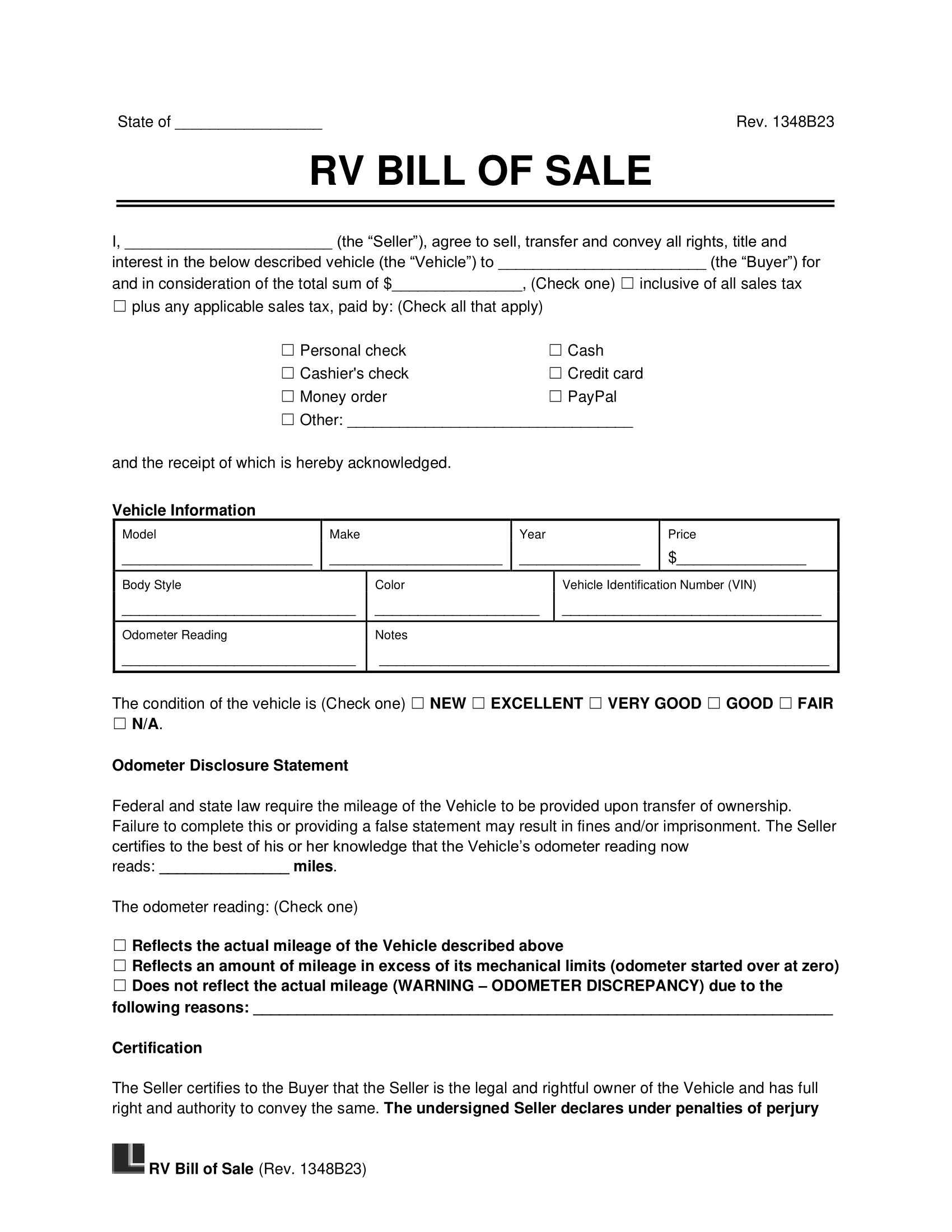 Free Recreational Vehicle (Rv) Bill Of Sale Template | Pdf & Word with regard to Free Printable Bill Of Sale For Camper