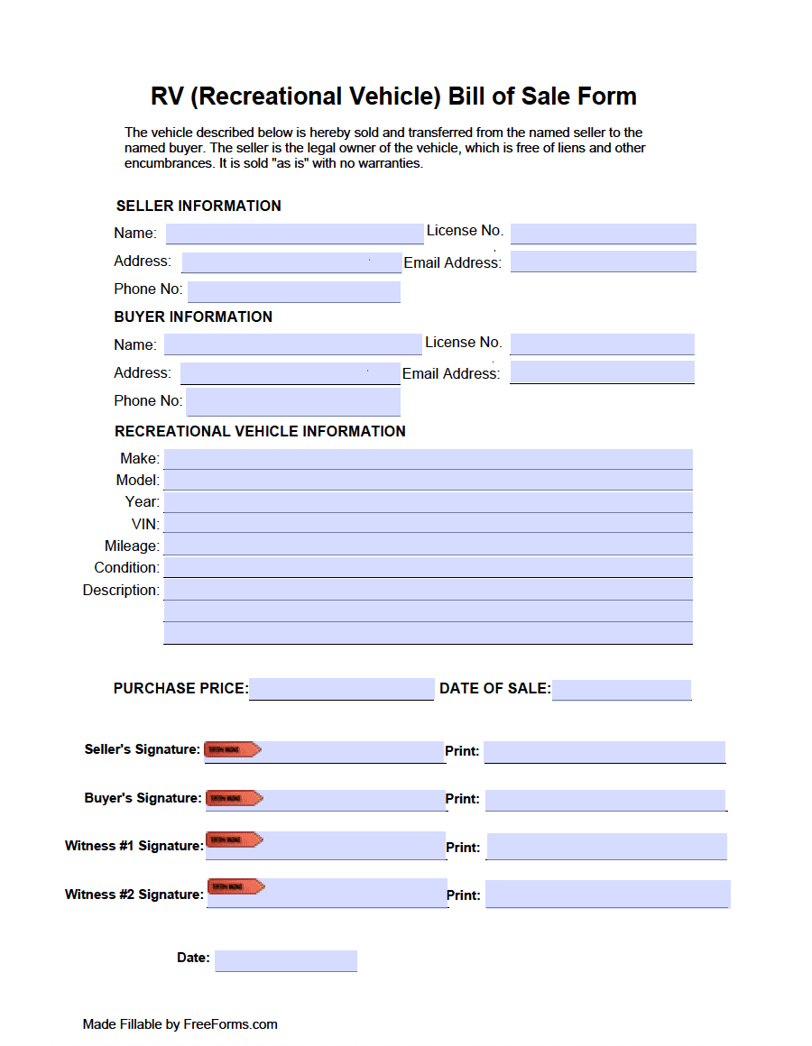 Free Rv (Recreational Vehicle) Bill Of Sale Form | Pdf regarding Free Printable Bill of Sale For Camper
