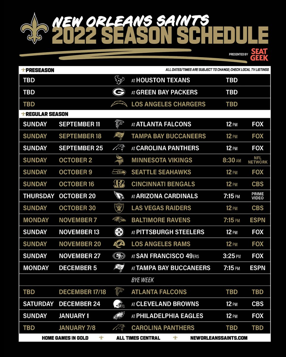 Get Your 2022 Saints Schedule Pdf ➡️ Https://T.co/Rei6Ffznqt intended for New Orleans Saints Printable Schedule
