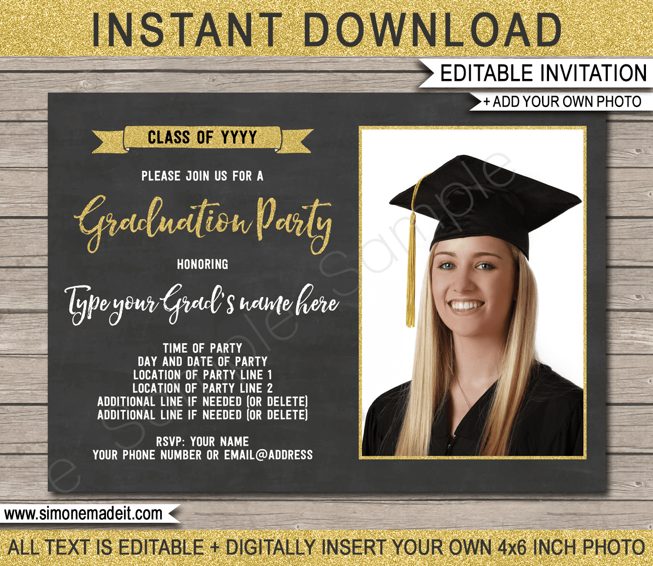Graduation Photo Invitations Template - Gold Glitter & Chalkboard within Graduation Announcements Free Printable Templates