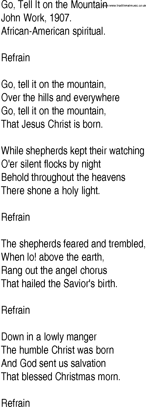 Hymn And Gospel Song Lyrics For Go, Tell It On The Mountain throughout Go Tell It On The Mountain Printable Lyrics