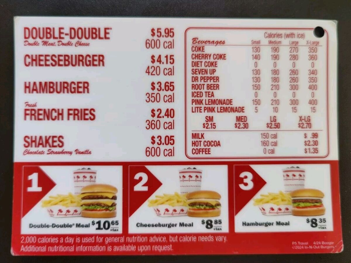 In-N-Out Burgers Menu, Rare. Smaller Size. Laminated, + 2 Paper regarding Printable In N Out Menu