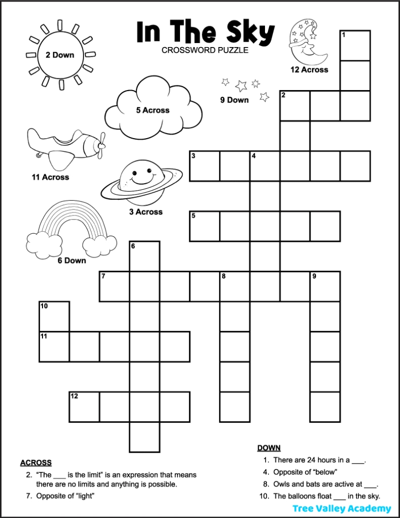 In The Sky Crossword Puzzle For Kids - Tree Valley Academy in Crossword Puzzle For Kids Printable