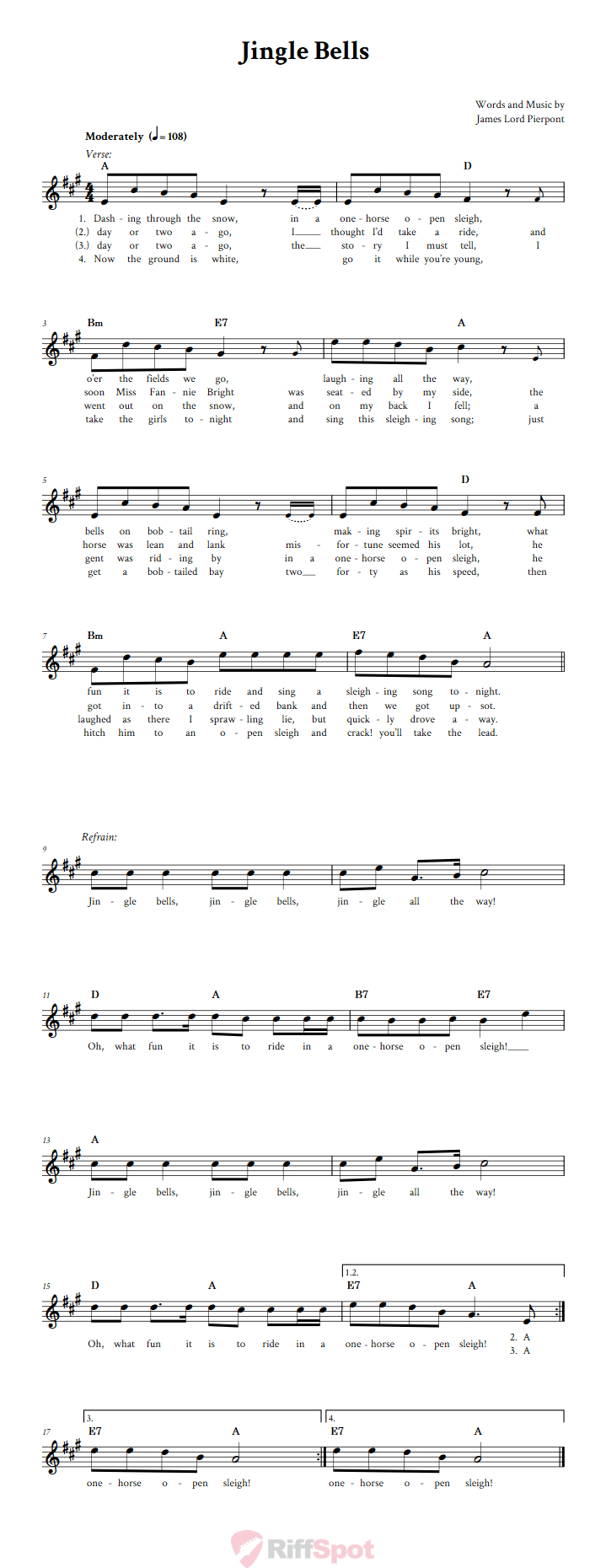 Jingle Bells B-Flat Instrument Sheet Music (Lead Sheet) With within Jingle Bells Sheet Music Printable