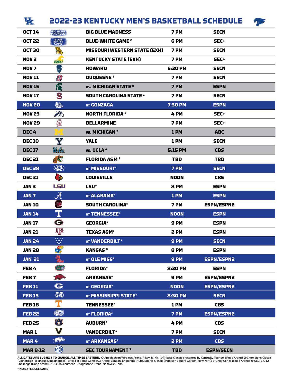 Kentucky Basketball Schedule 2022-2023 - Ky Supply Co inside Kansas University Basketball Schedule Printable