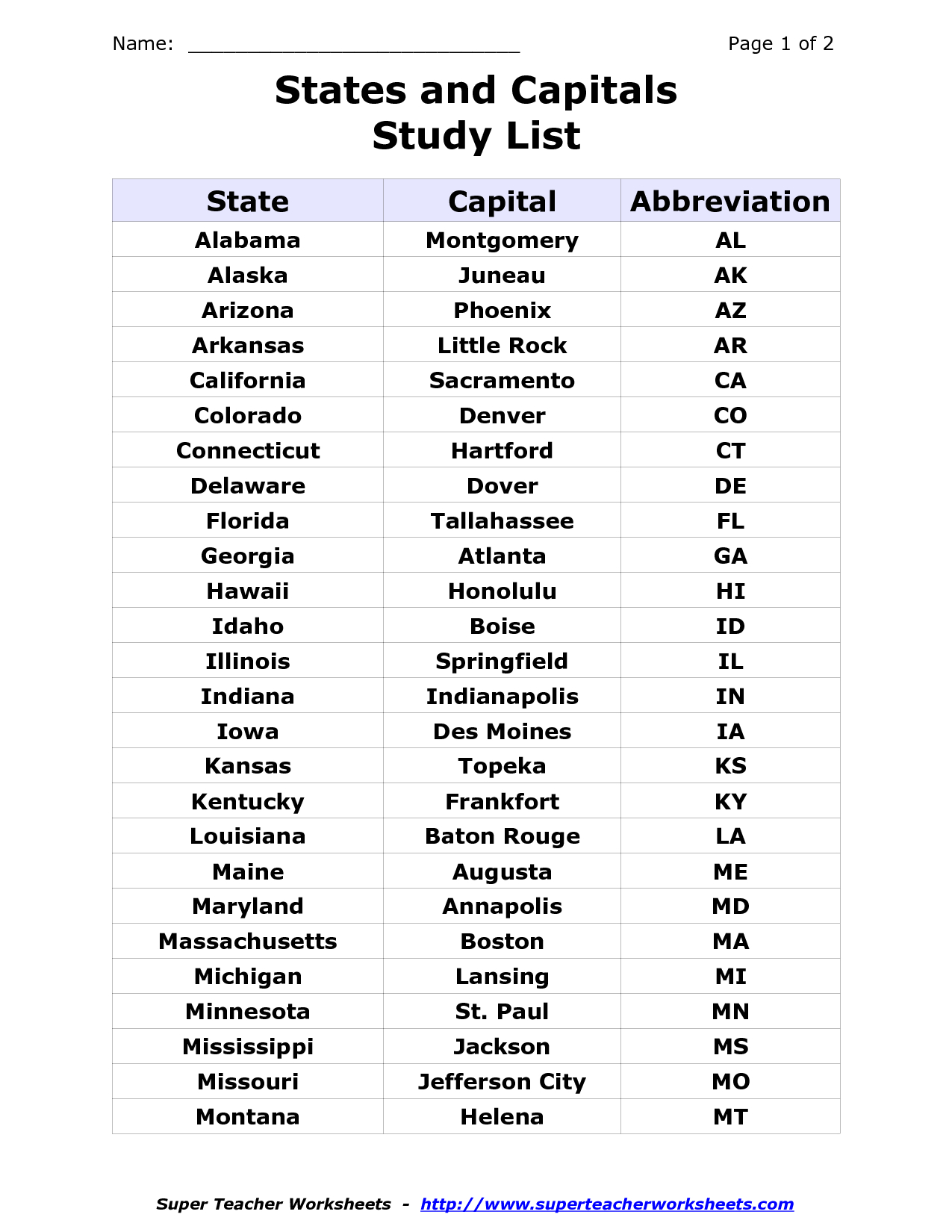 List Of The 50 States List Of States Printable Alphabetical List with Printable List of State Abbreviations