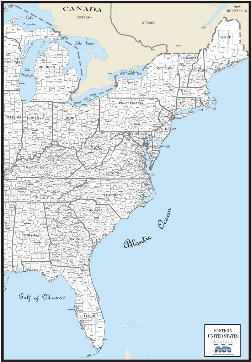Map Custom East Coast Usa Region County Outline/County Names within Printable Map of Eastern United States