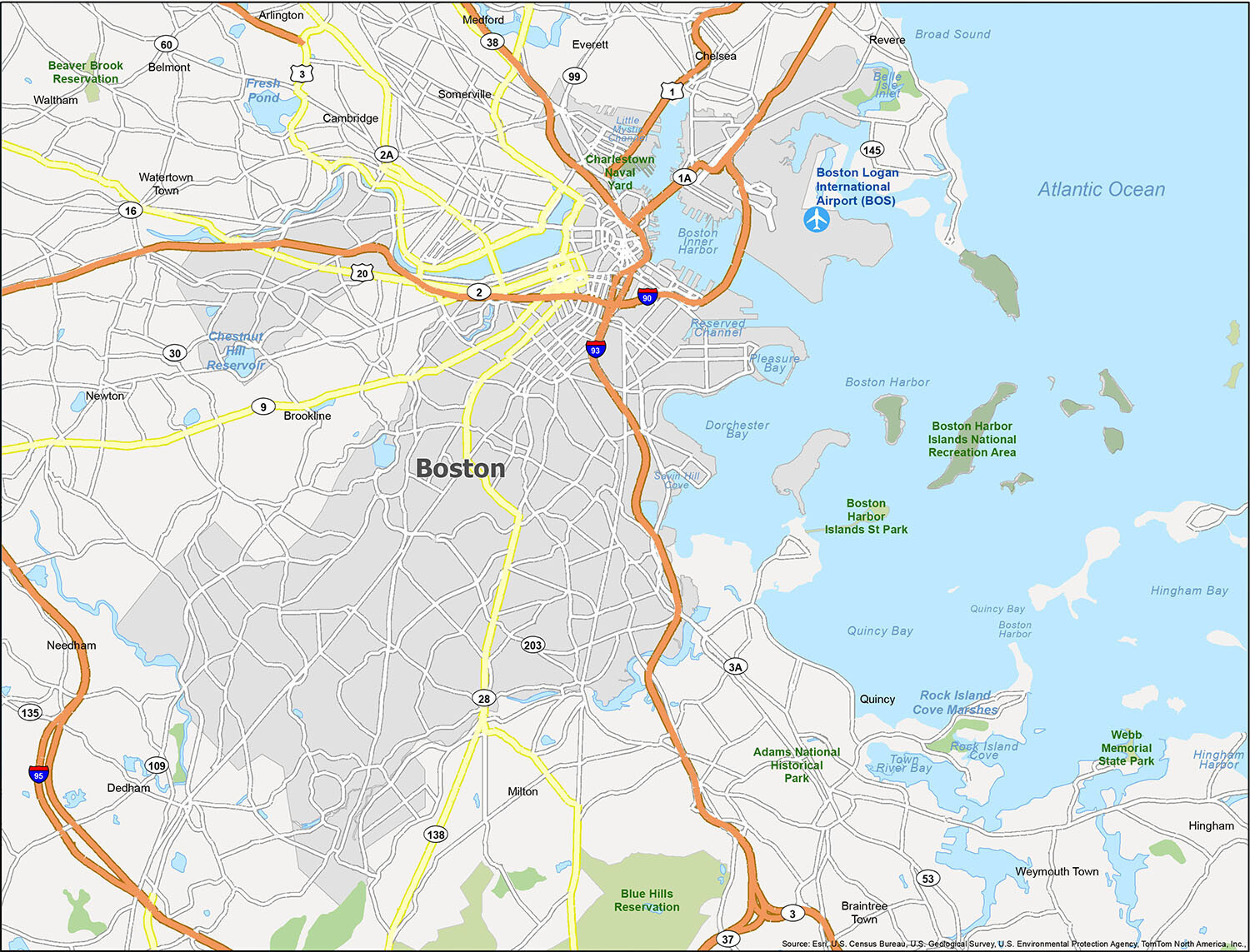 Map Of Boston, Massachusetts - Gis Geography inside Printable Map of Boston Ma