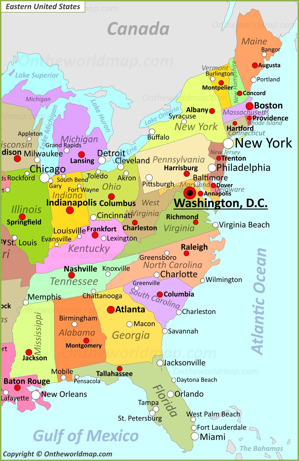 Map Of Eastern United States - Ontheworldmap regarding Printable Map Of Eastern United States