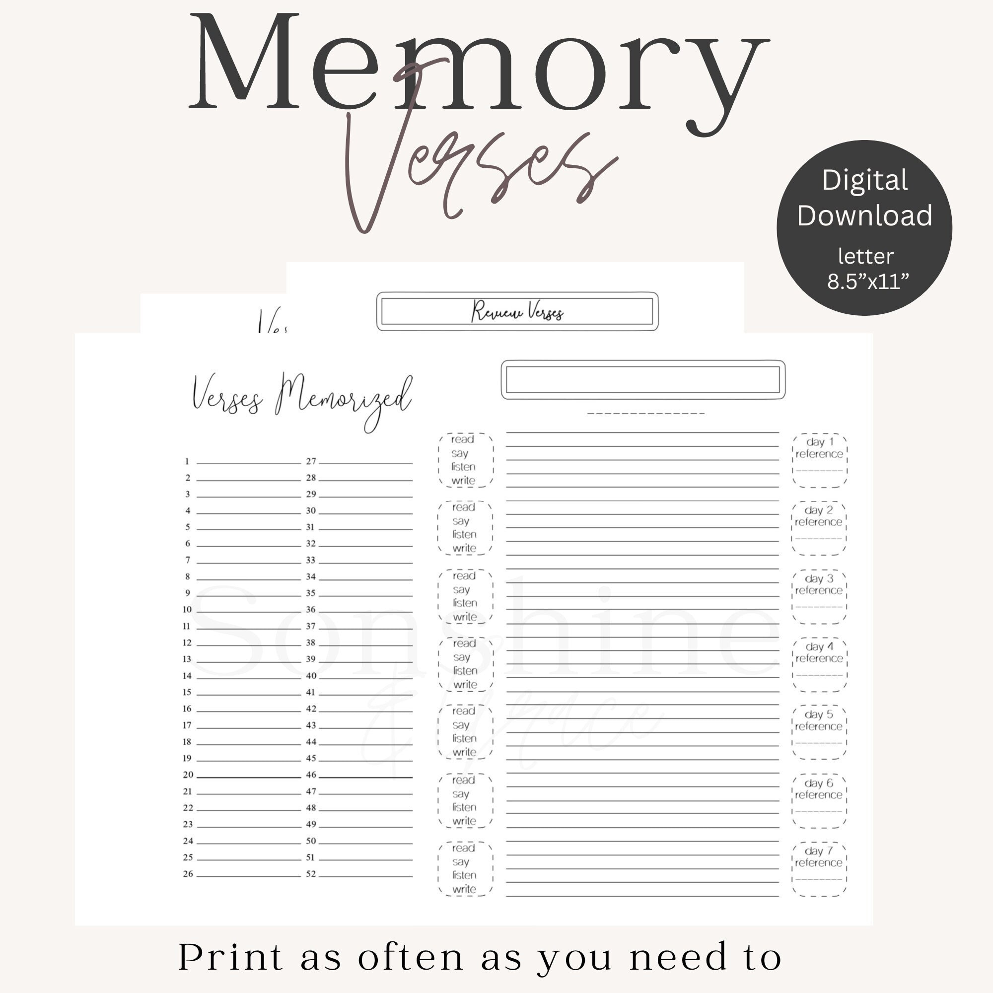 Memory Verse Printable: Bible Study Worksheet (Pdf Download) - Etsy with Printable Bible Study For Inmates