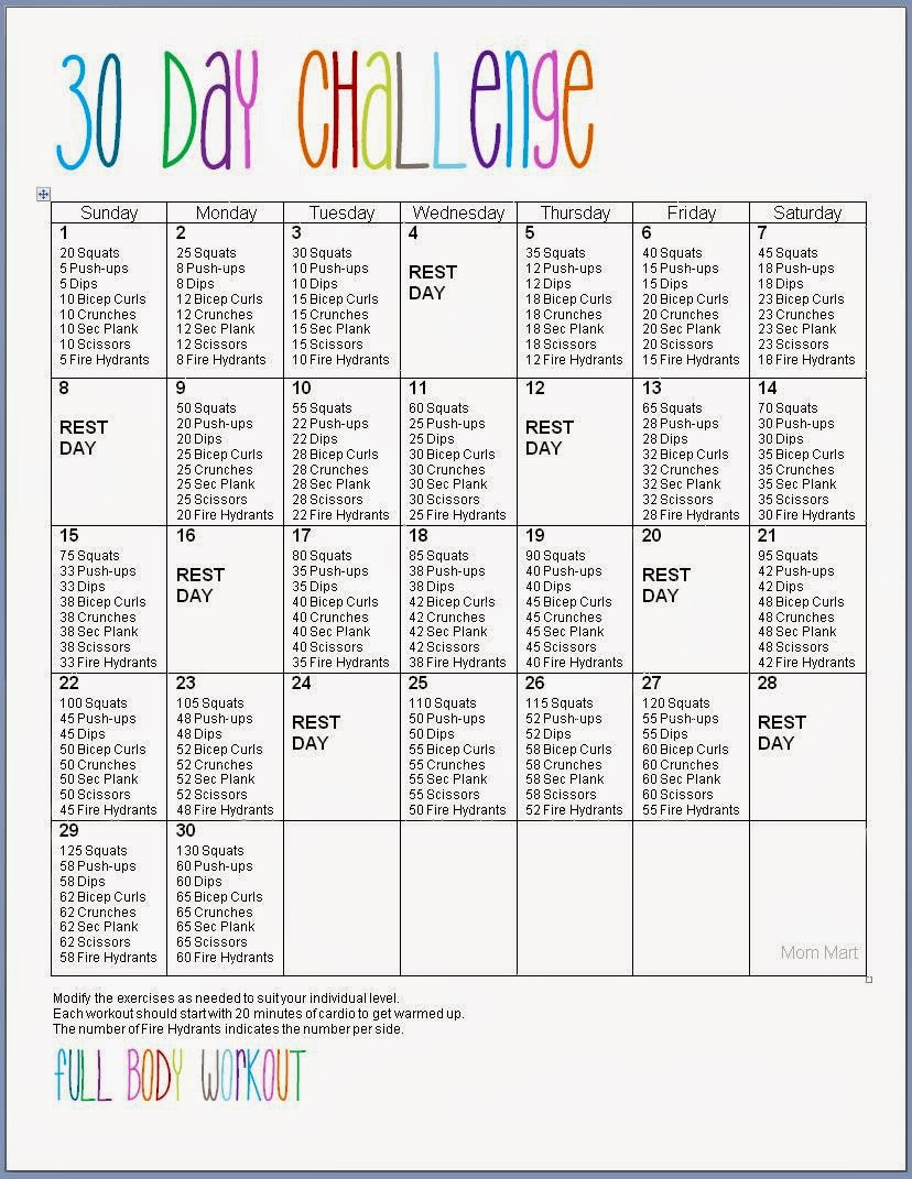 Mom Mart: 30 Day Fitness Challenge {Full Body Workout} with 30 Day Exercise Challenge Printable