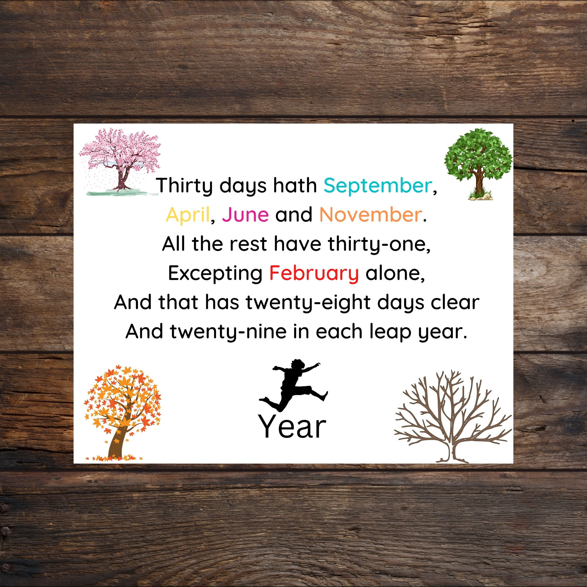 Months Of The Year, Wordwall, Color Coded, Poem, Classroom for 30 Days Has September Printable Poem