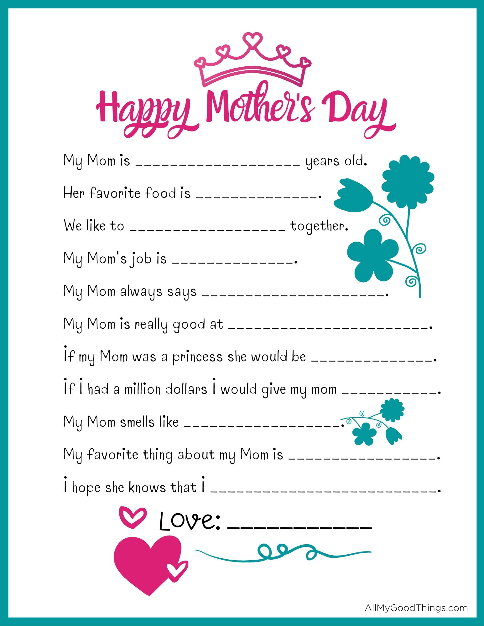 Mother S Day Printable Questionnaire - Printable with Mother's Day Questionnaire For Kids Free Printable