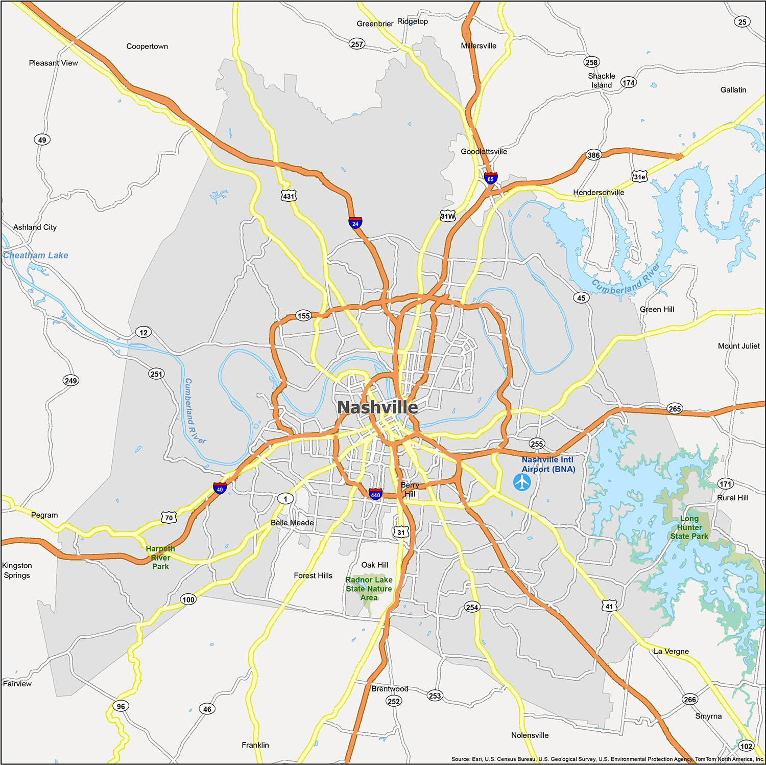 Nashville Map, Tennessee - Gis Geography with Printable Map Of Nashville Tn