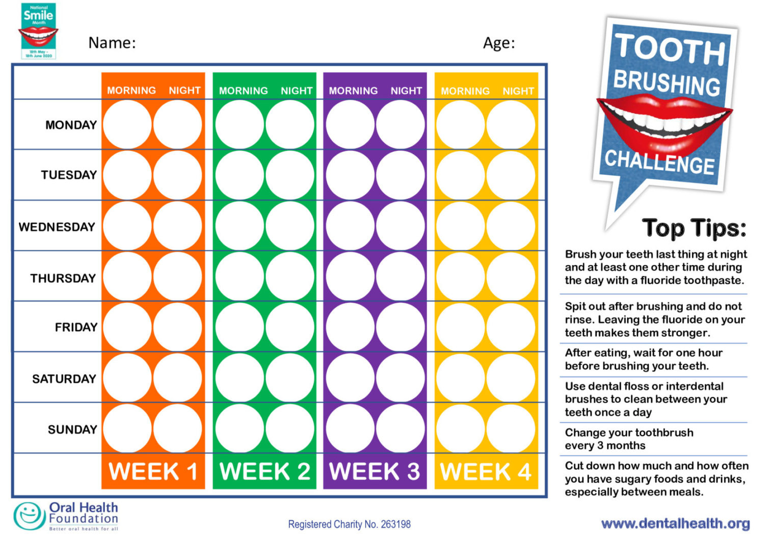 National Smile Month 2020 - Free Tooth Brushing Chart For Kids And intended for Printable Brush Your Teeth Chart