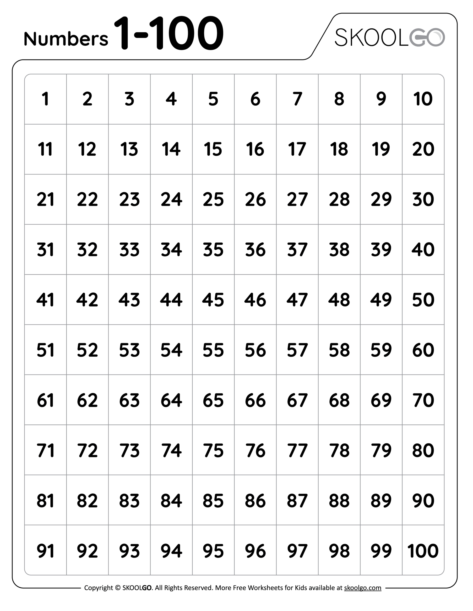 Numbers 1 To 100 - Free Worksheet For Kids - Skoolgo in Numbers 1 to 100 Printable Worksheets