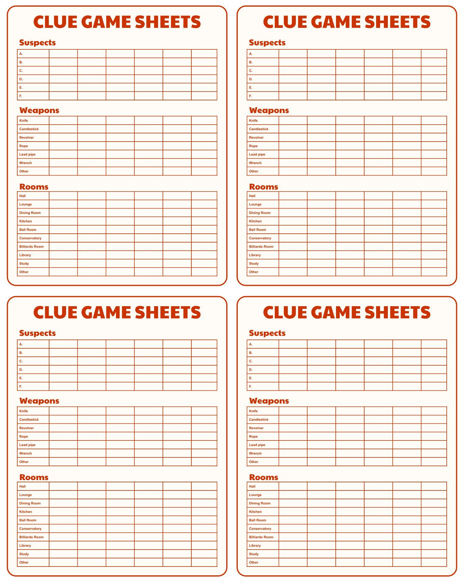 Original Clue Game Sheets - 8 Free Pdf Printables | Printablee inside Printable Clue Sheets Free