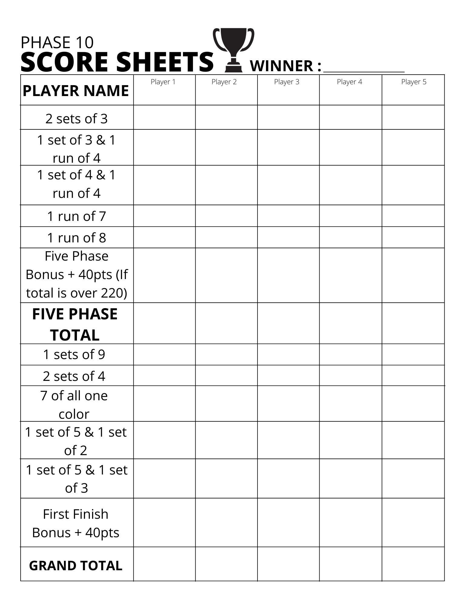 Phase 10 Anzeigetafel - Score Sheet - Printable Pdf - Etsy.de pertaining to Phase 10 Score Sheets Printable
