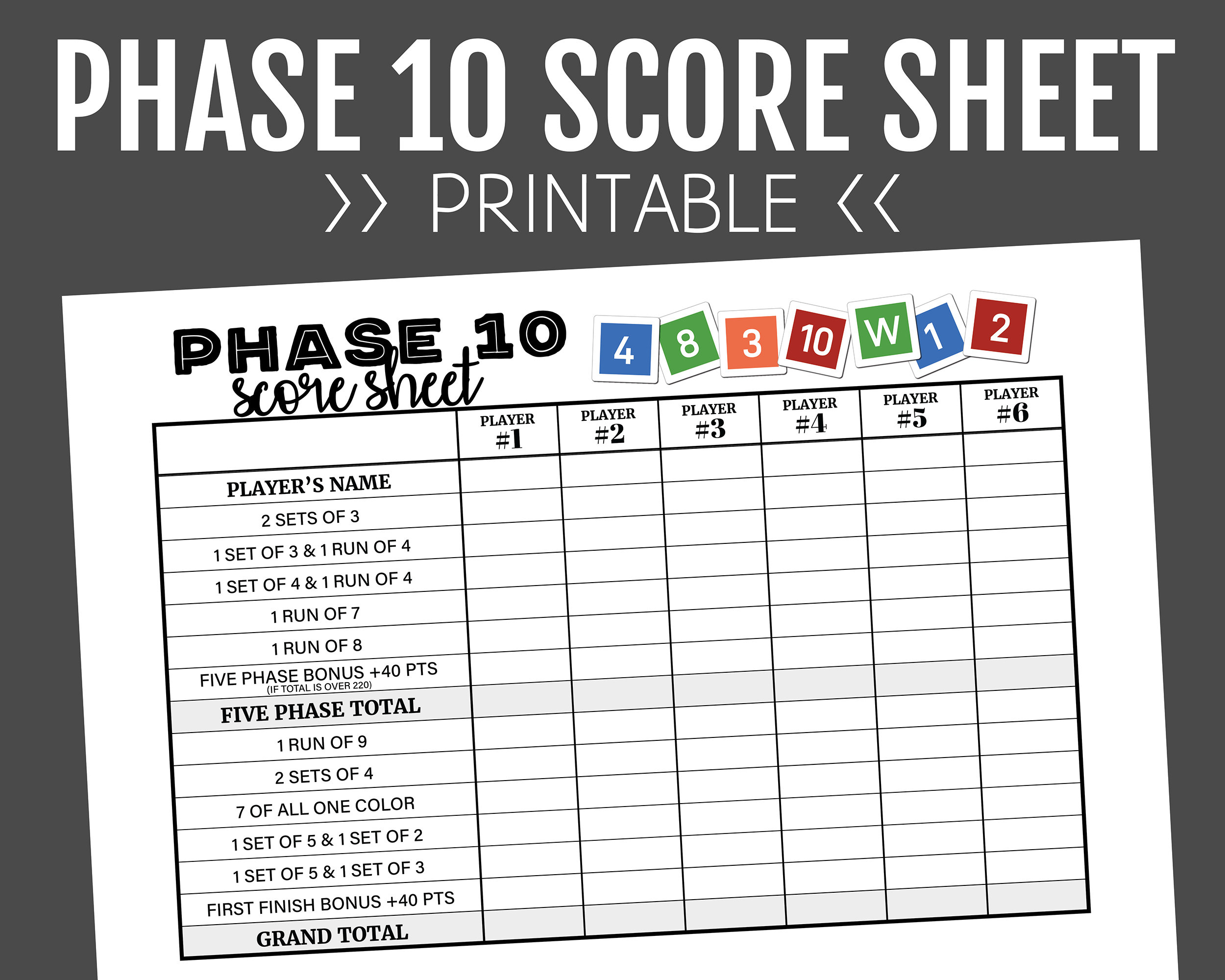 Phase 10 Score Sheet, Printable Score Sheet, Digital, Instant for Phase 10 Score Sheets Printable