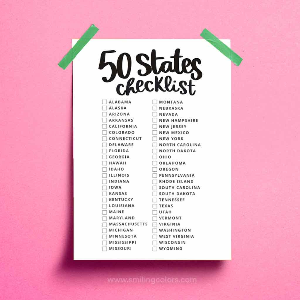 Printable 50 States Checklist - Smiling Colors throughout Printable List of the 50 United States