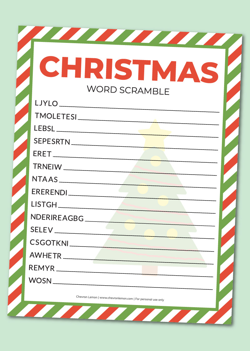 Printable Christmas Word Scramble - Chevron Lemon within Christmas Word Scramble Free Printable