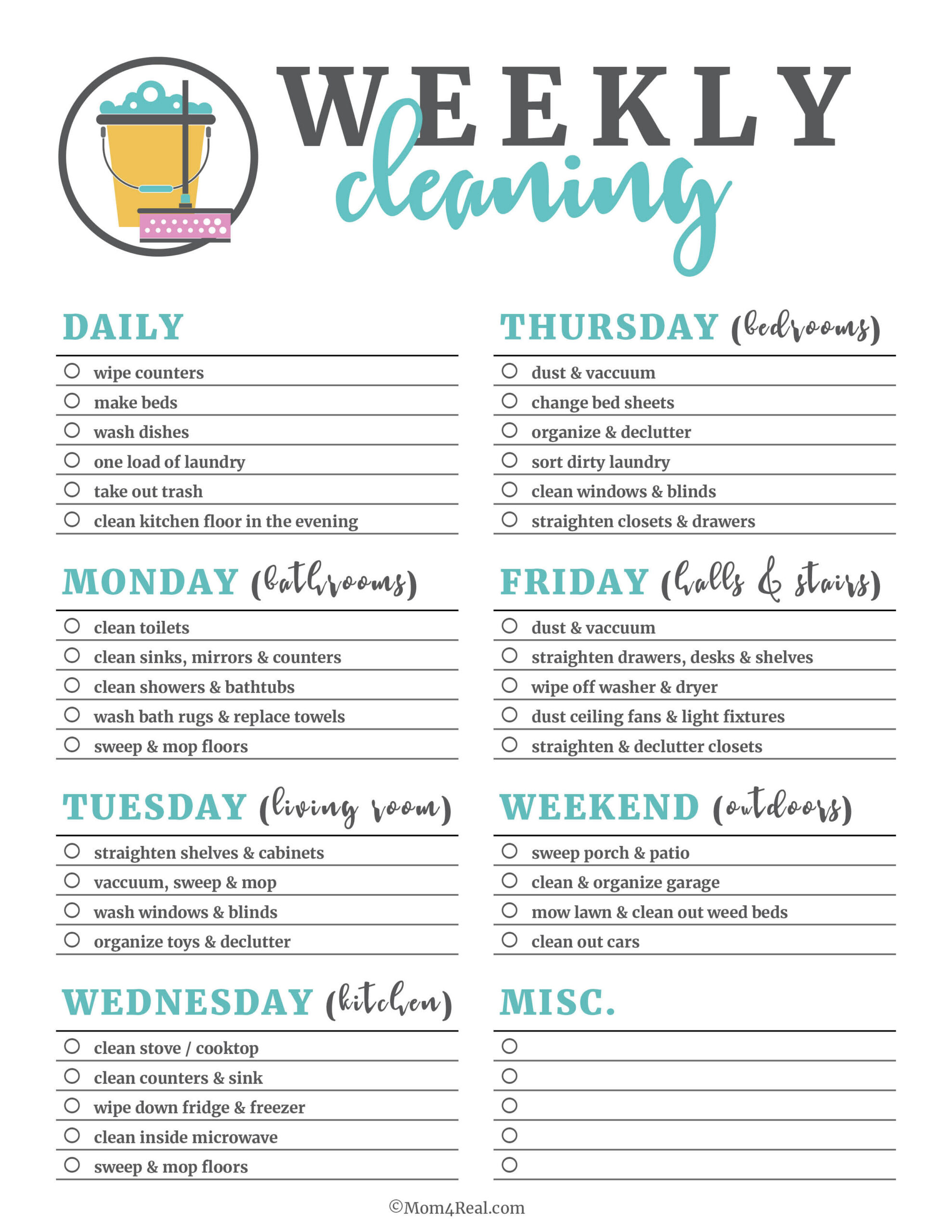 Printable Cleaning Checklists: Daily, Weekly & Monthly Tasks! for Printable House Cleaning Checklist