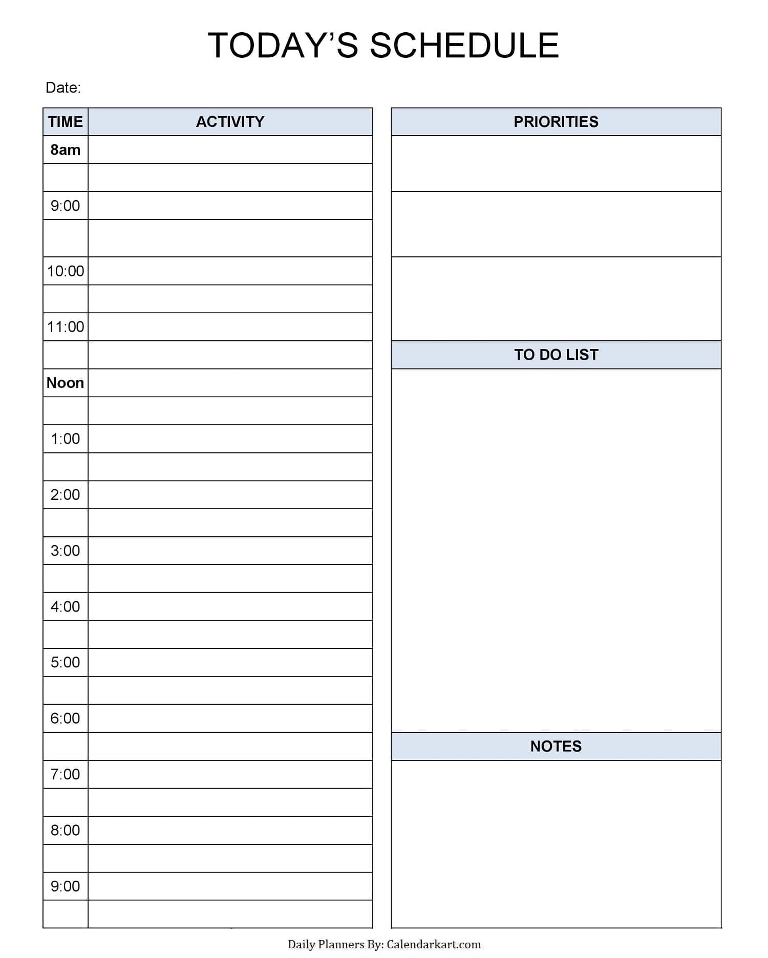 Printable Daily Planner Template | Calendarkart within Daily Time Sheets Free Printable