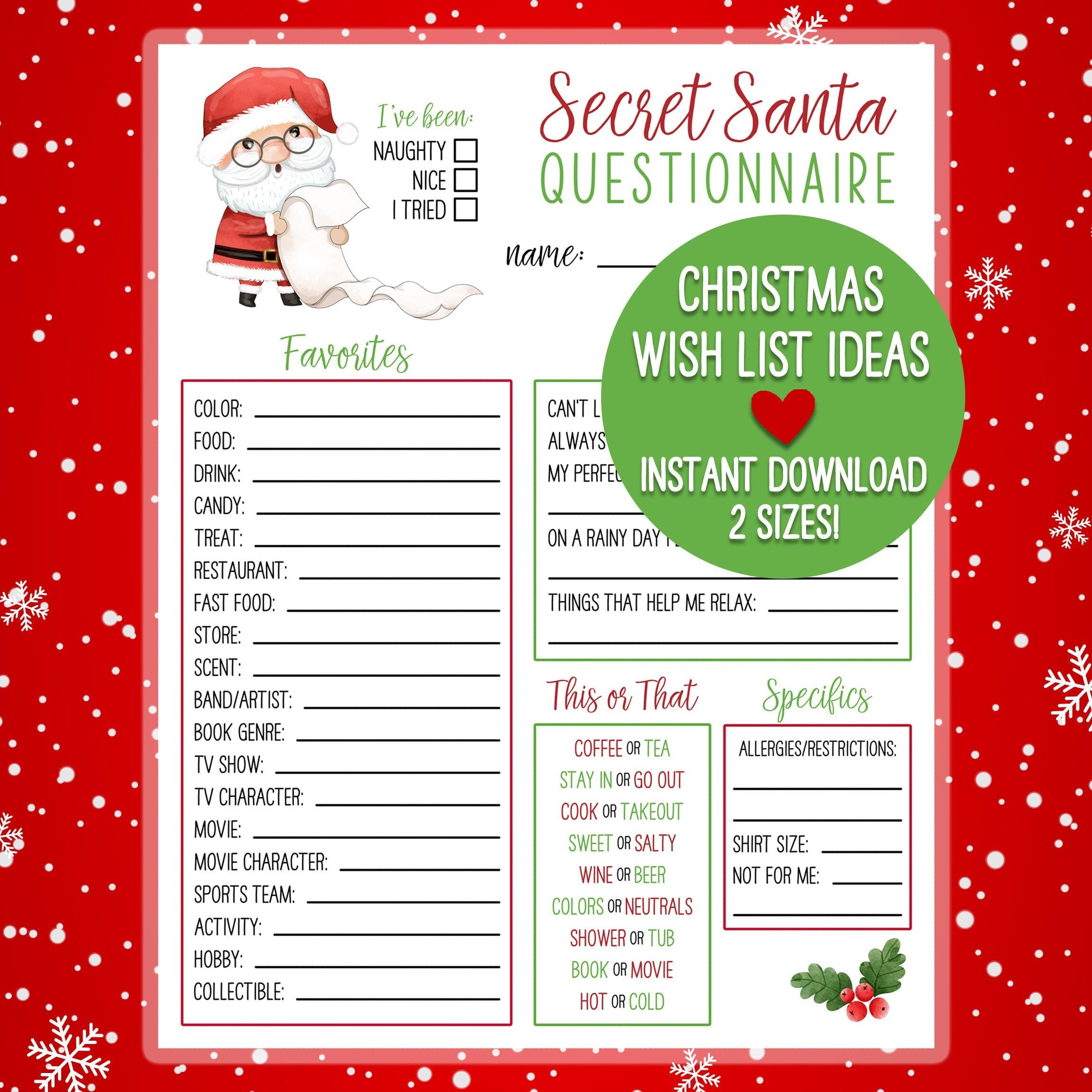 Printable Secret Santa Christmas Wish List | Holiday Gift Exchange inside Secret Santa Printable Wish List