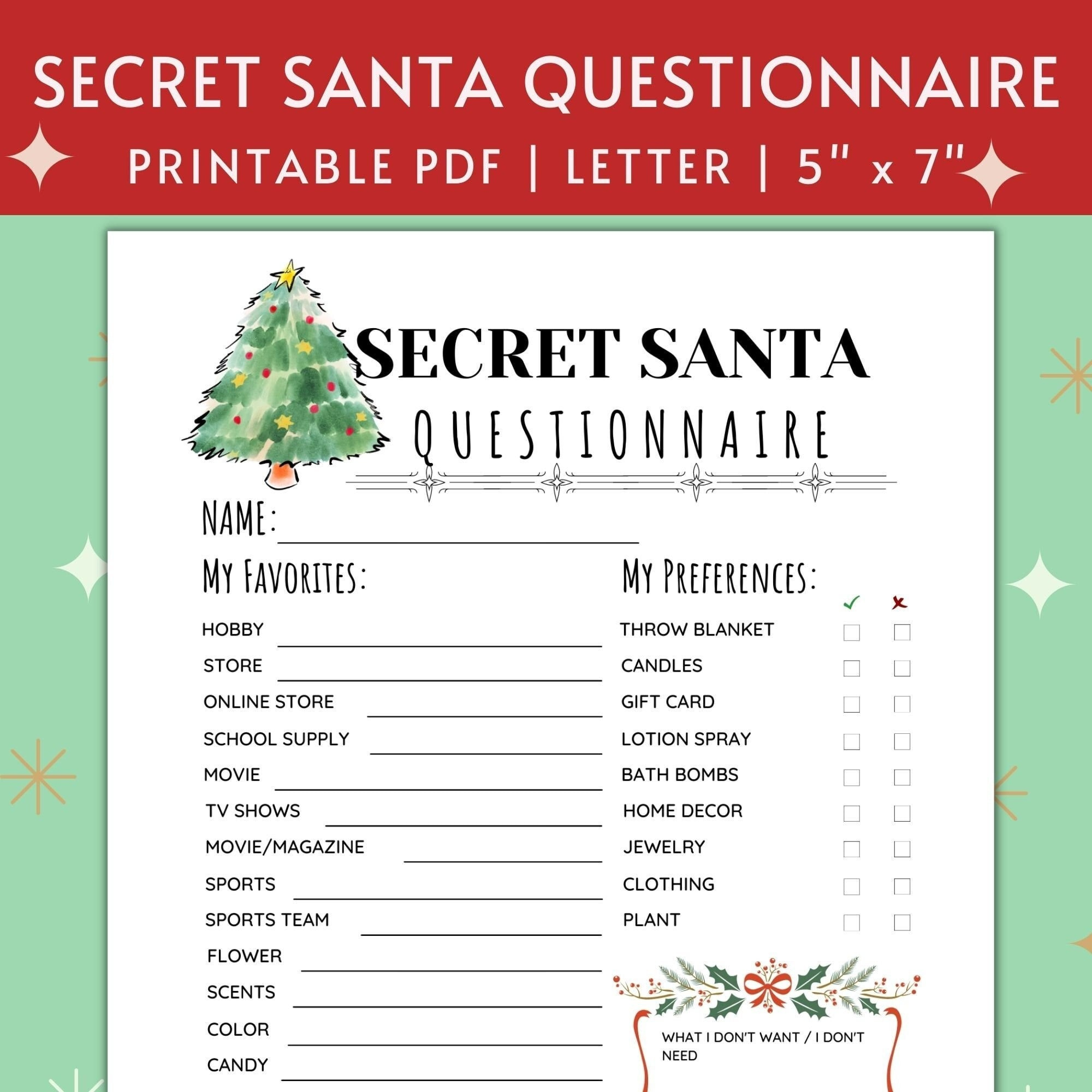 Printable Secret Santa Questionnaire For Christmas Gift Exchange throughout Secret Santa Printable Wish List