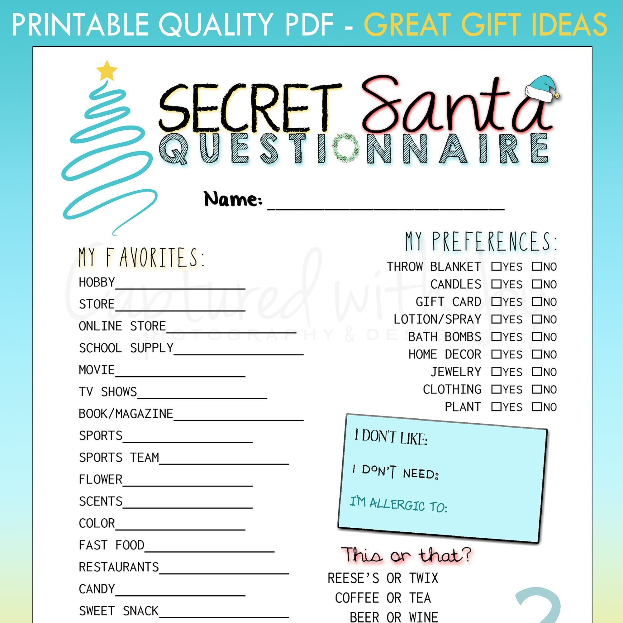 Printable Secret Santa Questionnaire For Gift Exchange (Work Or pertaining to Printable Secret Santa Questions