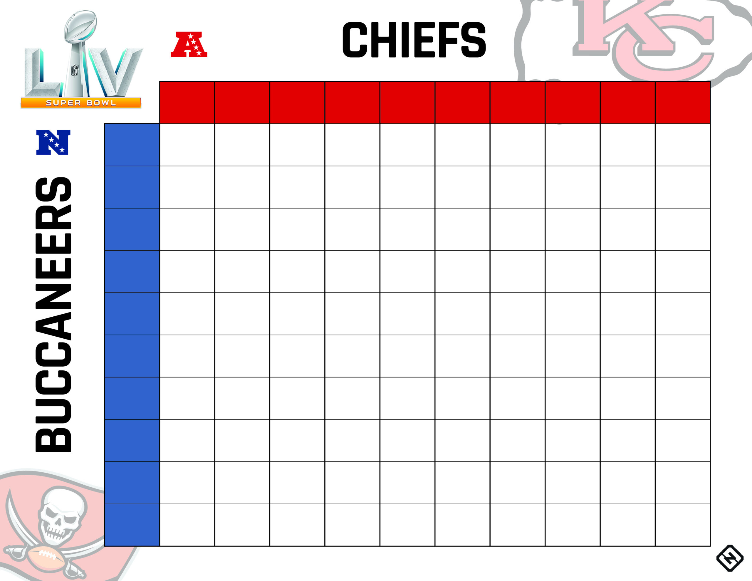 Printable Super Bowl Squares Grid For Chiefs Vs. Buccaneers In in Printable Super Bowl Squares Template