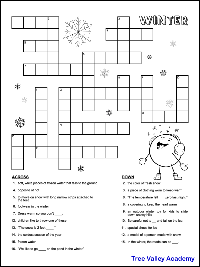 Printable Winter Crossword Puzzles For Kids - Tree Valley Academy for Printable Crossword Puzzles For Middle Schoolers