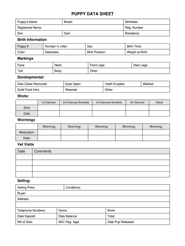 Puppy Data Sheet Form - Fill Online, Printable, Fillable, Blank pertaining to Pdf Printable Puppy Shot Record