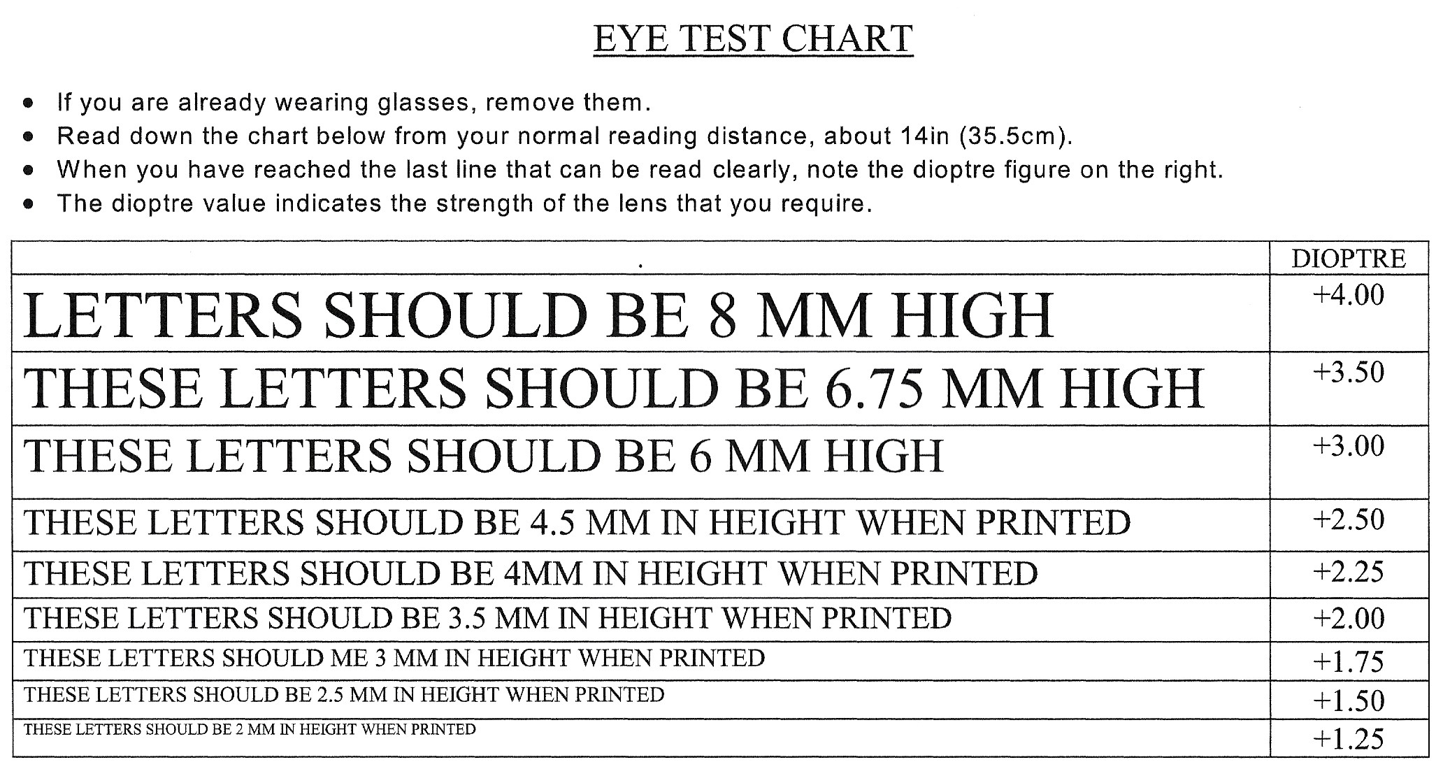 Reading Test Chart Download. with regard to Printable Diopter Reading Test Card