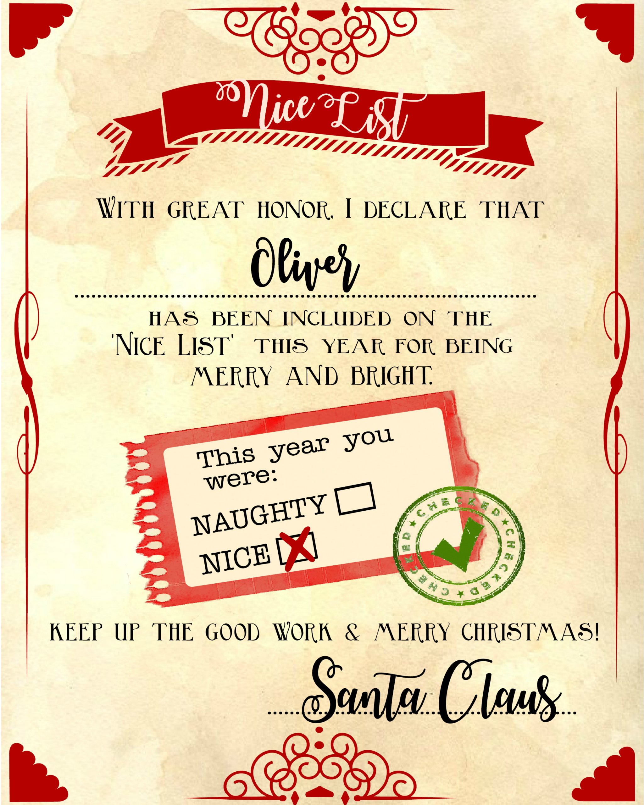 Santa "Nice List" Free Printable Certificate inside Nice List Certificate Free Printable