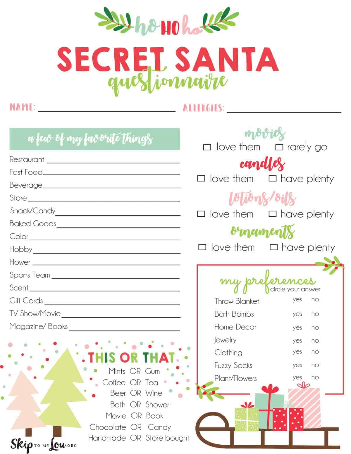 Secret Santa Questionnaire | Skip To My Lou with regard to Printable Secret Santa Questions