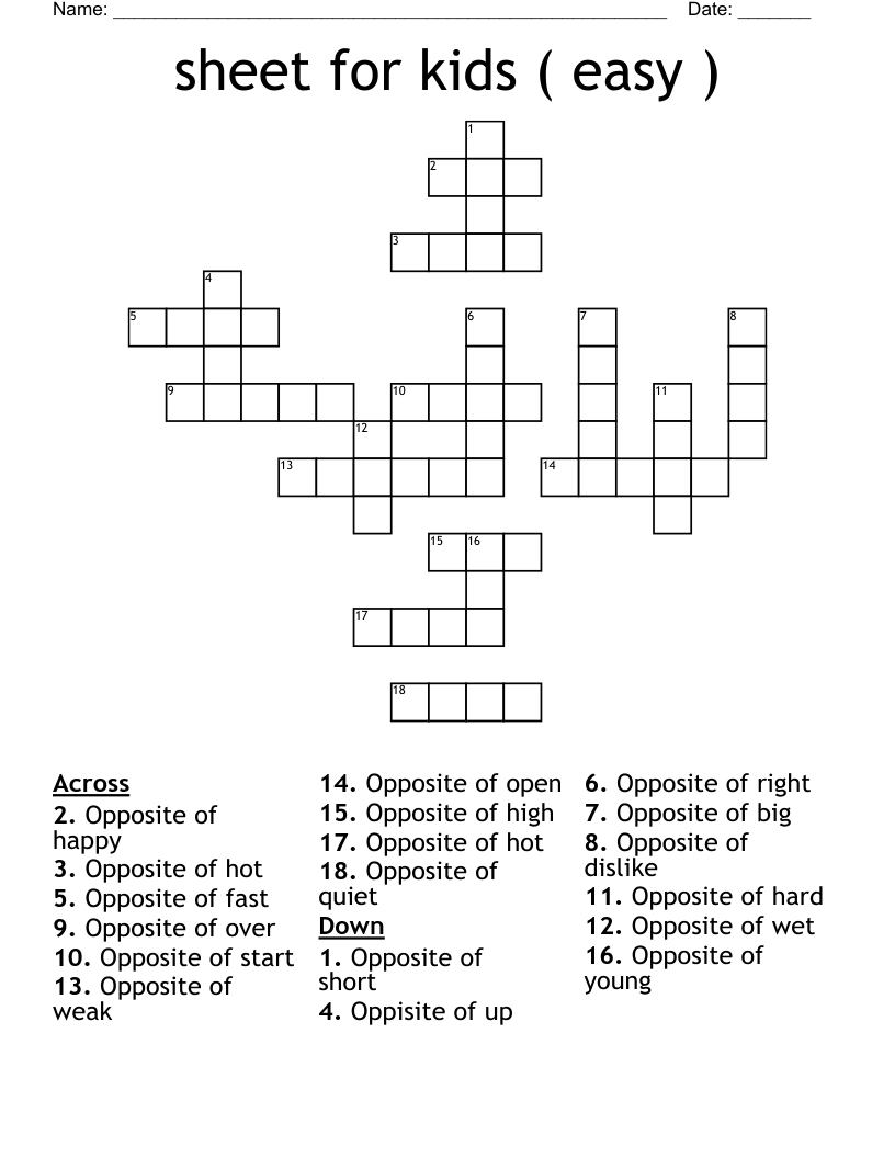Sheet For Kids ( Easy ) Crossword - Wordmint inside Printable Easy Crossword Puzzles with Answers