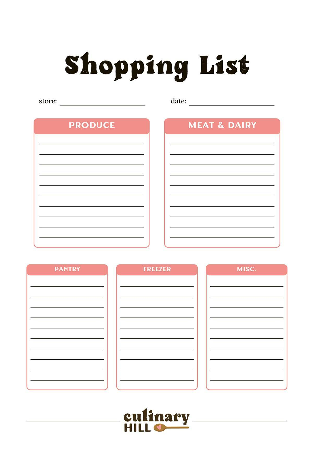 Shopping List Template - Culinary Hill inside Printable Shopping List With Categories