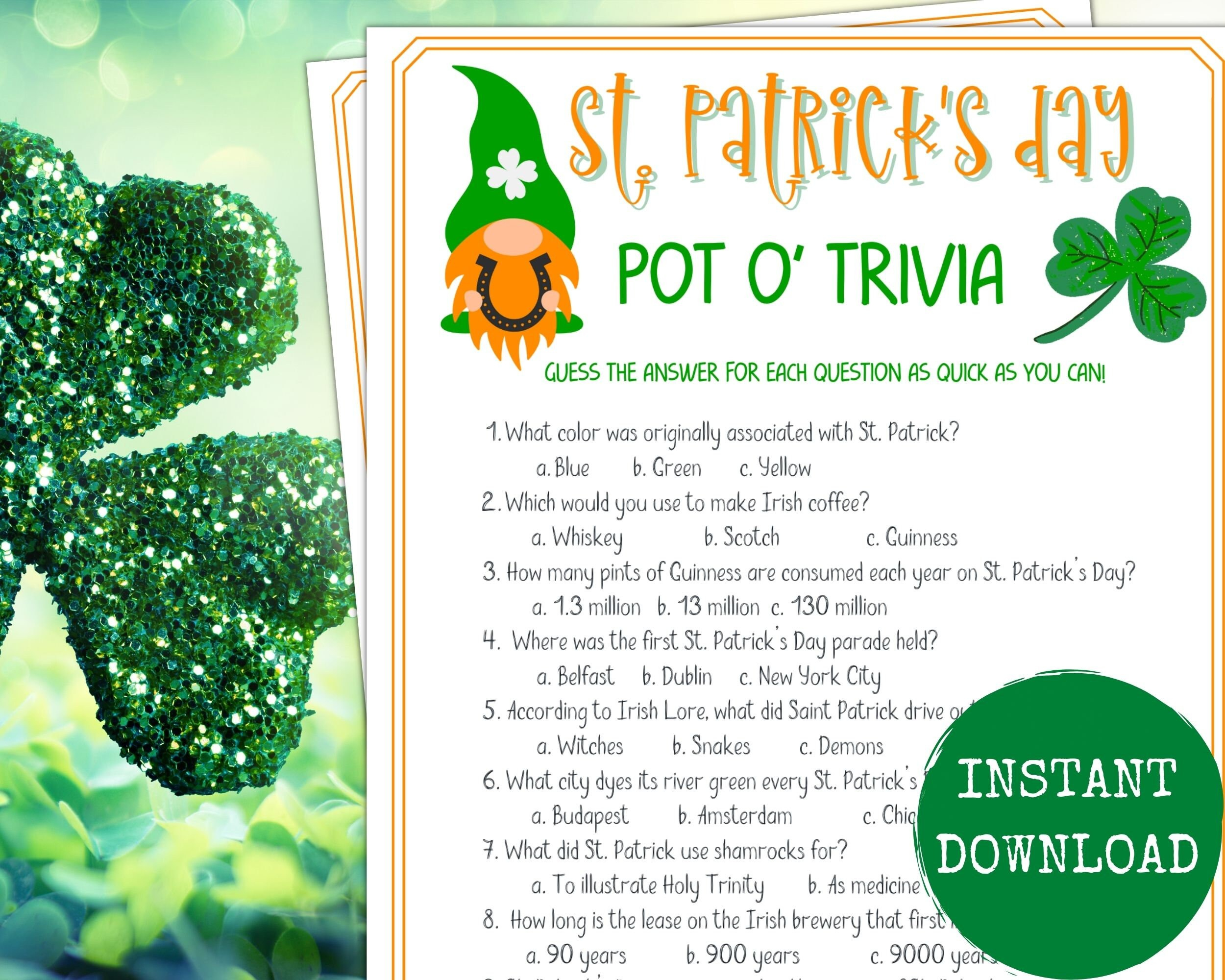 St. Patrick'S Day Trivia Game, St Patty'S Day Themed Party for St Patrick'S Day Trivia Printable