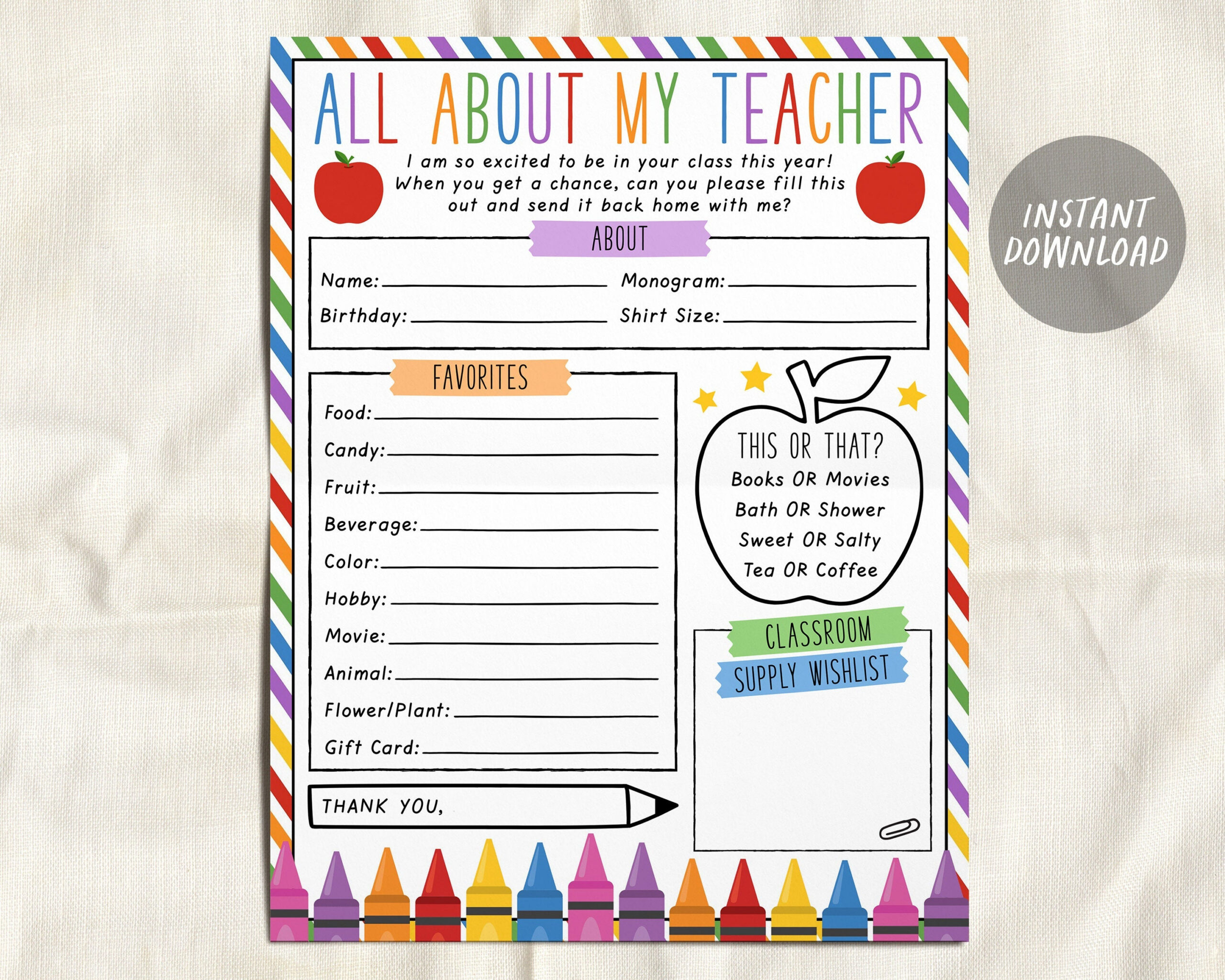 Teacher Appreciation Thank You Worksheet - Crisp Collective in All About My Teacher Free Printable Free Download