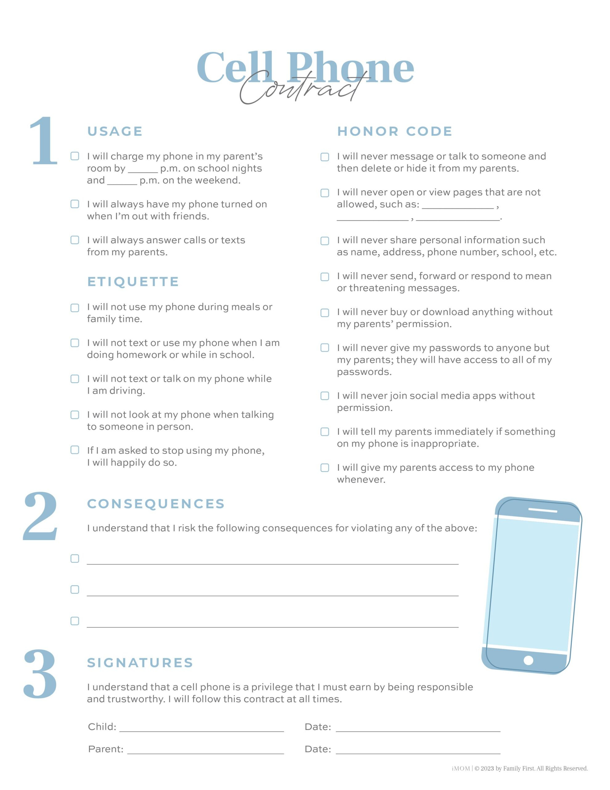 Teen Cell Phone Contract - Imom with regard to Free Printable Child Cell Phone Contract