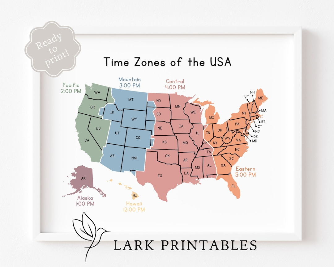 Time Zones Of The Usa Map Educational Poster Printable Geography for Printable Time Zone Map USA