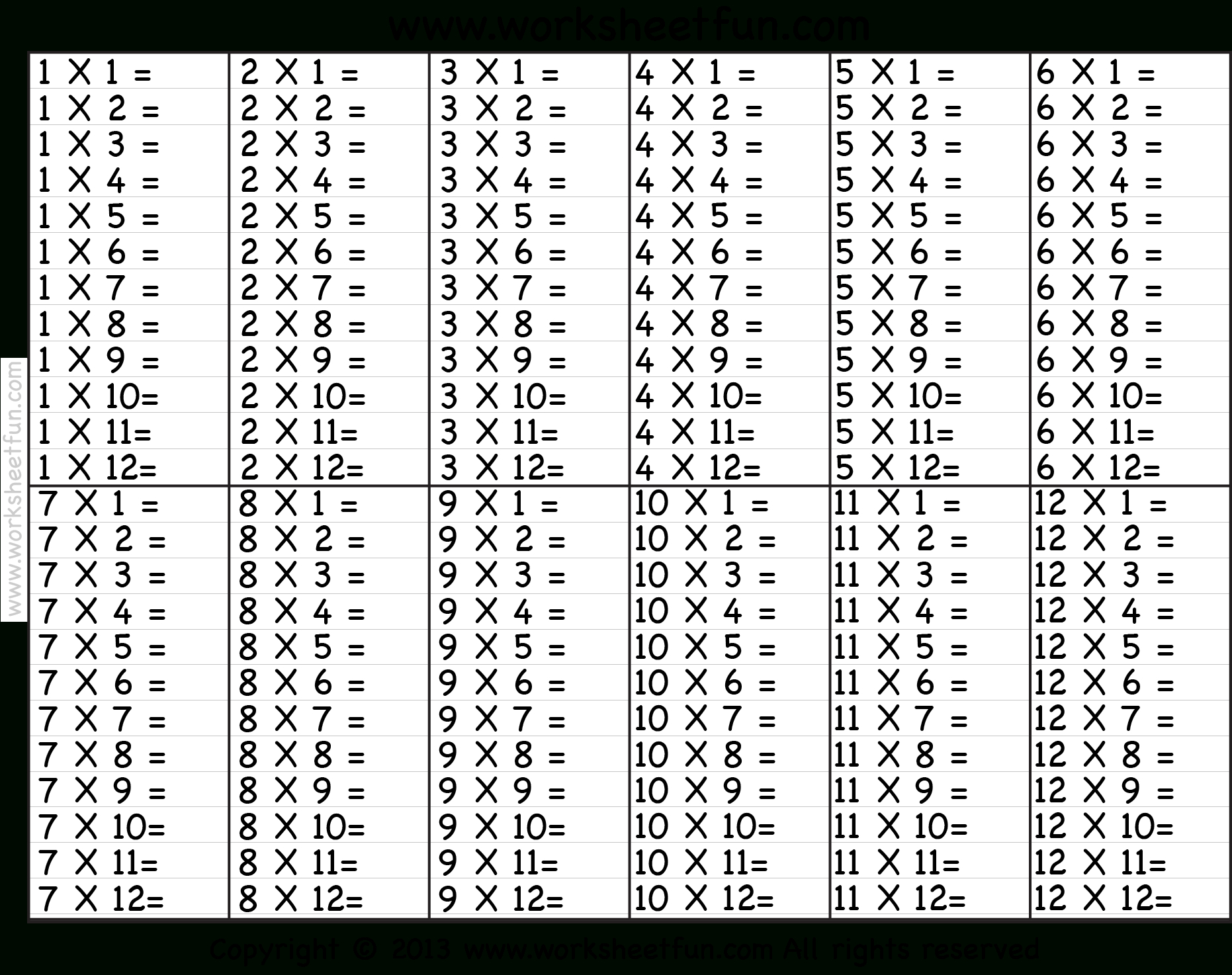 Times Table – 2-12 Worksheets – 1, 2, 3, 4, 5, 6, 7, 8, 9, 10, 11 intended for Printable Multiplication Sheets 1-12