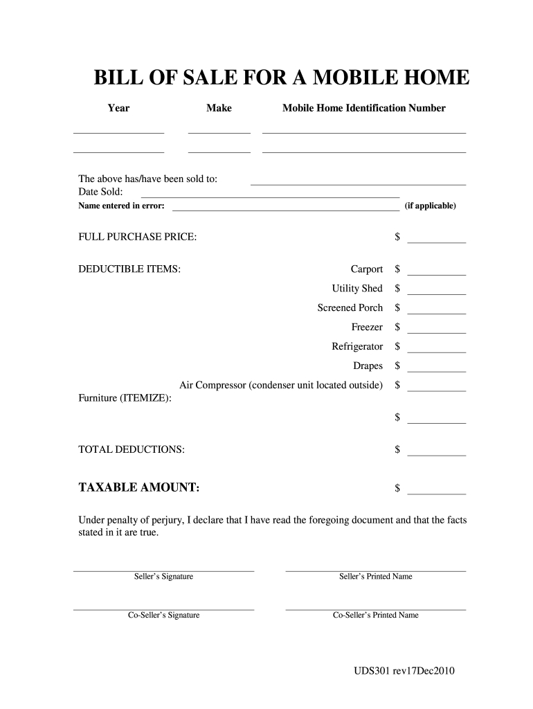 Uds301 Form - Fill Online, Printable, Fillable, Blank - Pdffiller in Free Printable Bill of Sale For Mobile Home